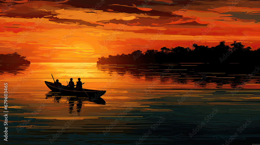 Silhouettes of distant travelers in boats, basking in the rich hues of a lake sunset AI generative Silhouettes of distant travelers in boats, basking in the rich hues of a lake sunset AI generative
