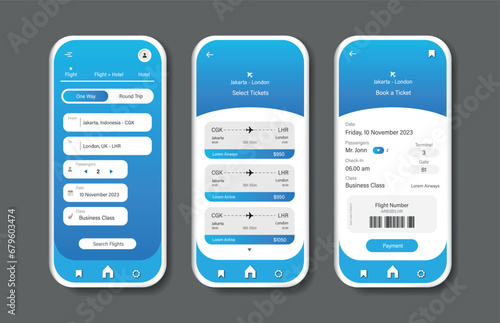 Online airline ticket booking design for mobile application. Airline ticket booking platform screen. Graphical user interface for responsive mobile applications