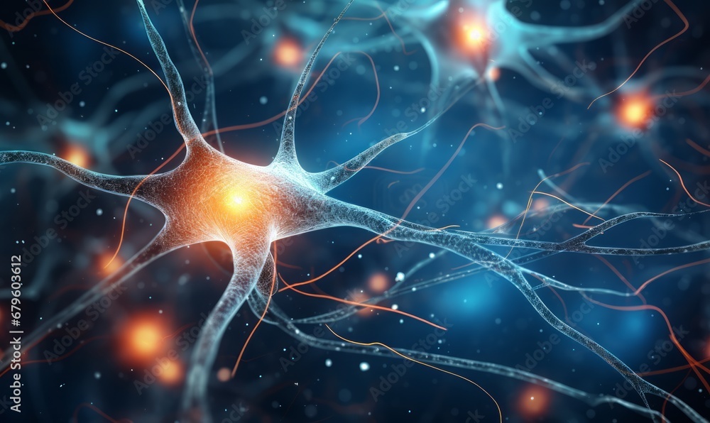 Neuron cells neural network under microscope neuro research science brain signal information transfer human neurology mind mental impulse biology anatomy microbiology intelligence connection