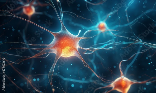 Neuron cells neural network under microscope neuro research science brain signal information transfer human neurology mind mental impulse biology anatomy microbiology intelligence connection