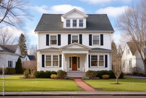 full-frontal shot of colonial revival house with gambrel roof photo