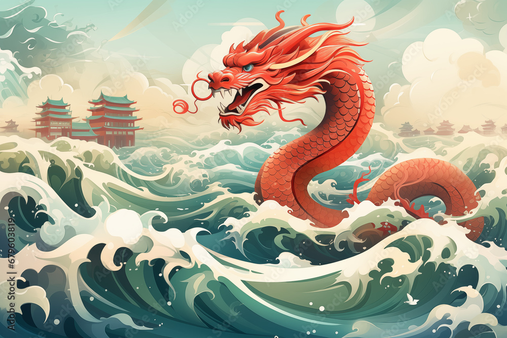 chinese dragon statue in the temple,Chinese new year 2024 background , Year of the Green Dragon,water color, flat vector chinese dragon statue in the temple,Chinese new year 2024 background , Year of the Green Dragon,water color, flat vector