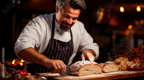 male hands cutting fresh christmas gingerbread