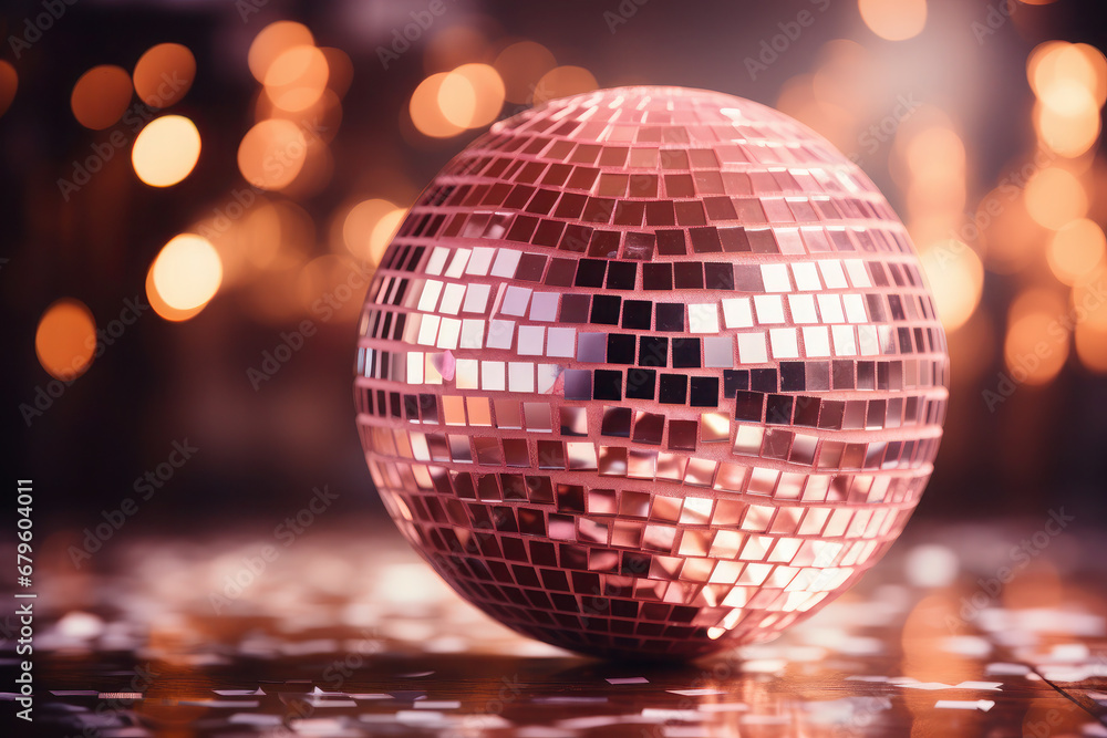 Obraz premium golden, pink disco ball shines and glows. party and celebration in the club. lights and bokeh on the background.