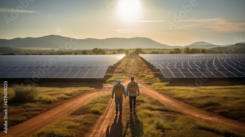 Back view of two technician walking for inspecting operation efficiency of solar panel energy production field solar farm in countryside area with sunset. Sustainable energy production technology.