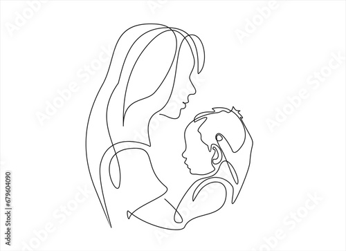 Happy Mother day card. Continuous one line drawing. Woman hold her baby. Vector illustration