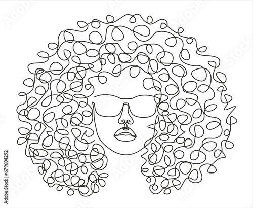 Woman face in glasses with curly hair, continuous line drawing. Line art, drawing of face, fashion concept, woman beauty minimalist for wall decoration, postcard or brochure cover design.