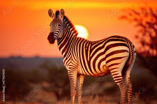 a zebra standing against the sunset