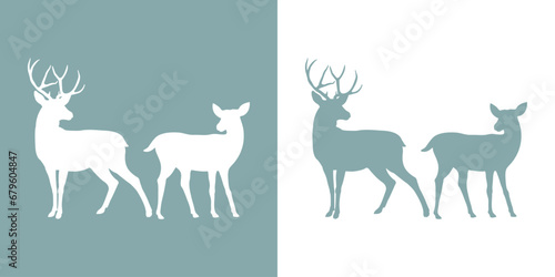 Silueta de pareja de ciervo o reno macho y hembra de pie