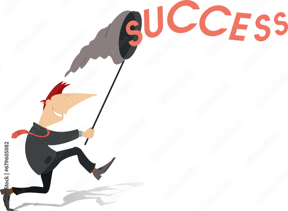 Smiling man tries to catch a success. Concept.
Cartoon man with a butterfly net trying to catch an inscription success. Word – success
