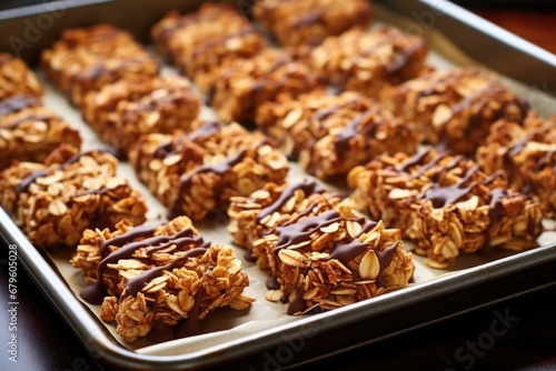 a tray of granola bars with perfect golden-brown coloration after baking