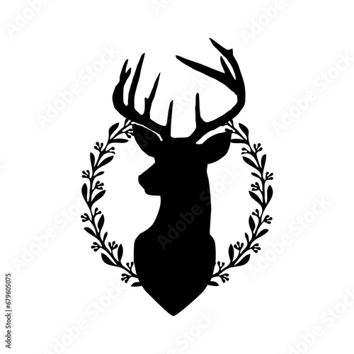 Logo con silueta de cabeza de reno o ciervo con corona navideña de hojas y bayas de acebo para tarjetas y felicitaciones	