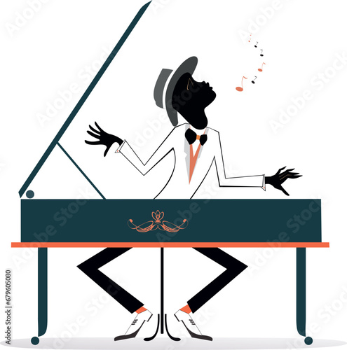 African pianist and singer illustration. 
African musician is playing piano and singing with inspiration. Isolated on white background
