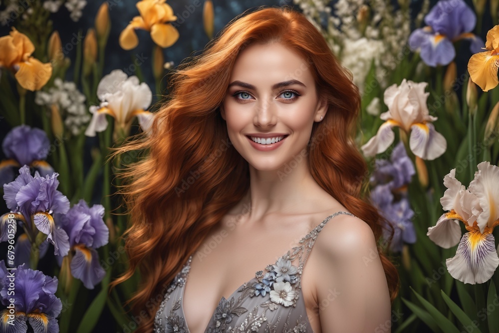 Fototapeta premium Blütenpracht der grünen Insel: Fashion Shooting mit schöner irischer Frau in blumigem Kleid vor vielfältigem Blütenhintergrund.