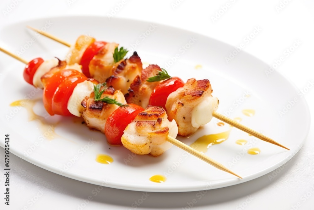skewered scallops and bacon on a pristine white plate skewered scallops and bacon on a pristine white plate