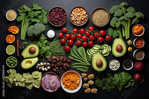 Lebensmittel knolling. Gesunde natürliche Bio-Lebensmittel. Frisches Gemüse. knolling Zusammensetzung. Flat Lay Ansicht von Lebensmitteln