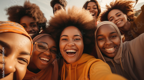 group of happy multiethnic female friends taking a selfie photo. © Renata Hamuda