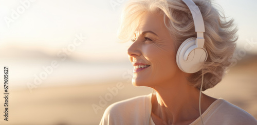 Smiling mature woman with headphones listening the music at the beach