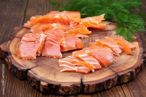 smoked salmon pieces on a wooden plank