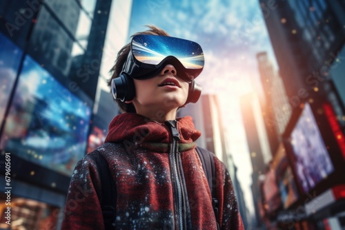 a teenager in virtual glasses on a city megapolis street. excursion. wide angle lens