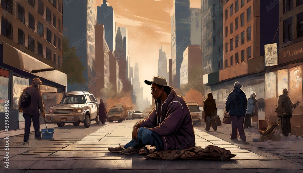 Homelessness in a big american city - obrazy, fototapety, plakaty 