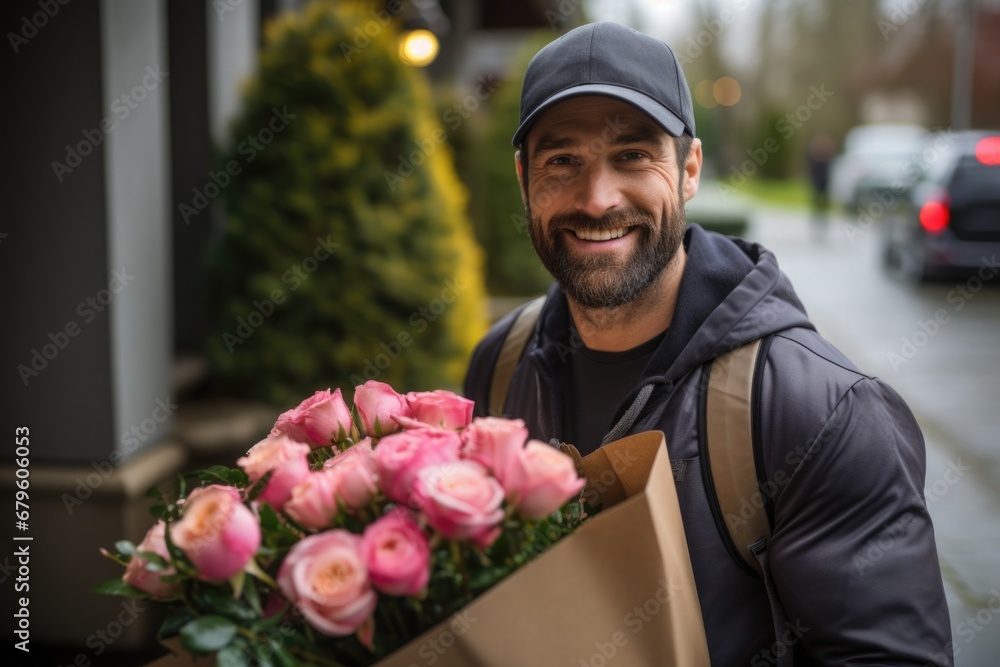 Fototapeta premium A man in a gray jacket and a cap holding a bouquet of delicate pink roses that are wrapped in brown paper. The background is blurred and shows a street with cars and buildings.
