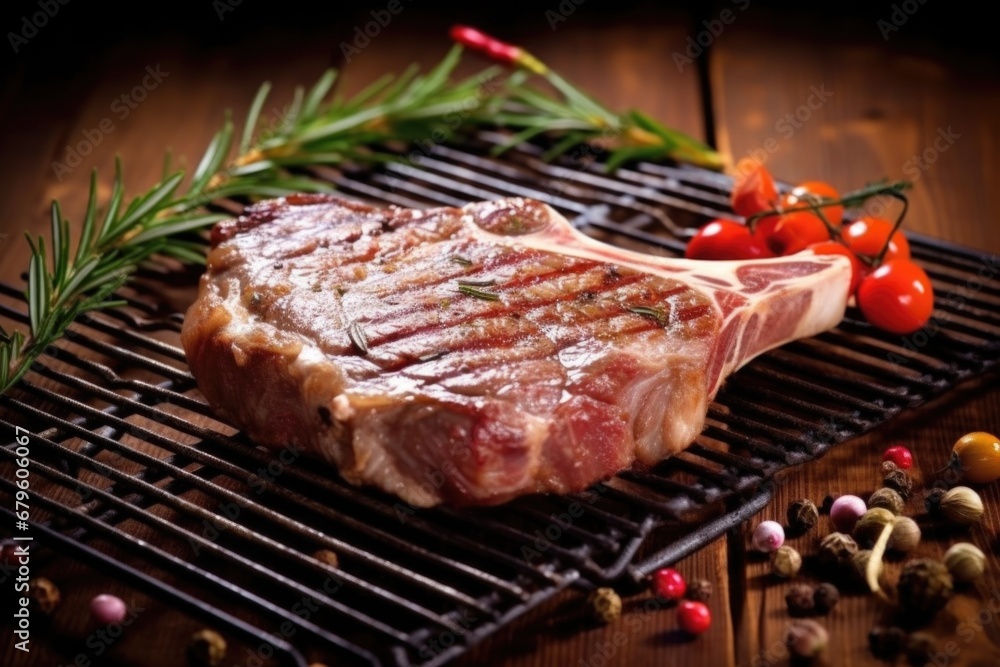 brightly lit t-bone steak with grill marks on dark wooden table