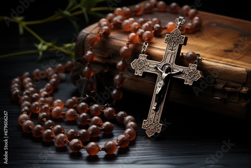 a rosary with a crucifix on a wooden surface. The rosary is made of brown beads and the crucifix is silver. The background is black and there are some green leaves in the top left corner.