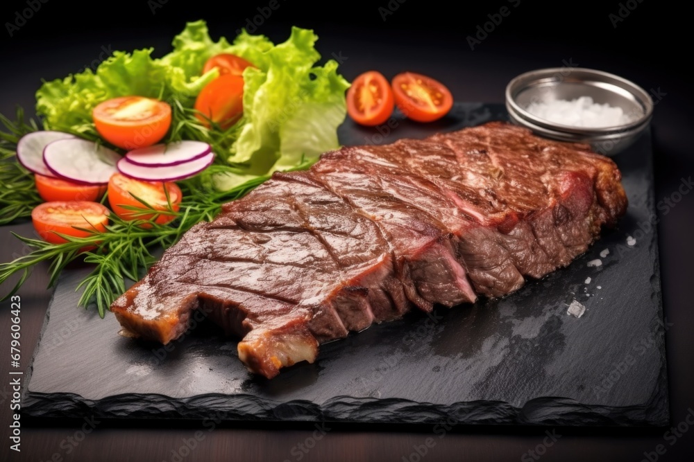 bbq beef ribs with a salad on a black slate bbq beef ribs with a salad on a black slate