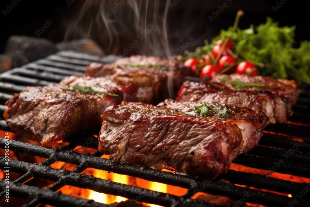 sizzling beef ribs on a barbecue grill, oozing with tangy sauce