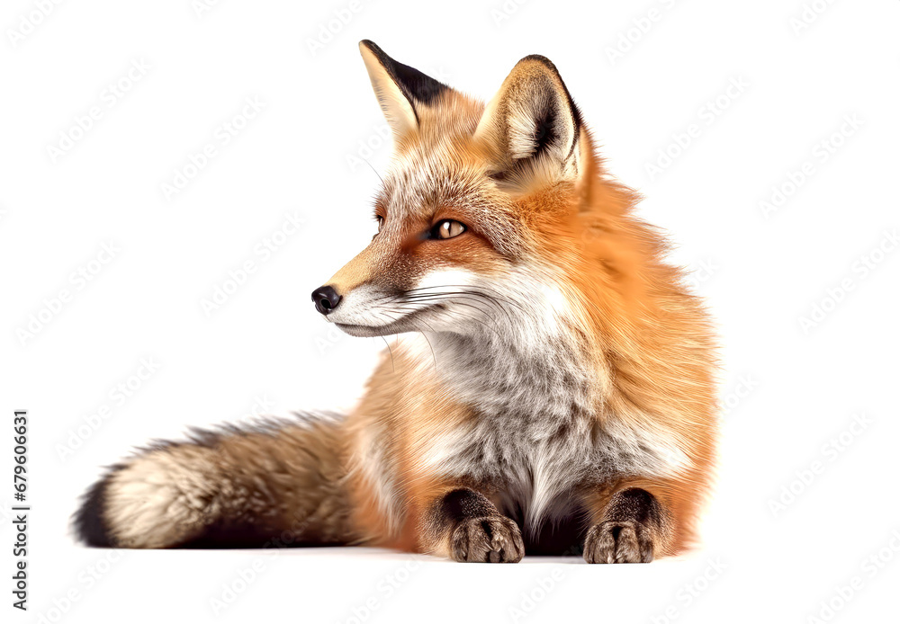 Red fox, Vulpes vulpes, lying isolated on white background Red fox, Vulpes vulpes, lying isolated on white background