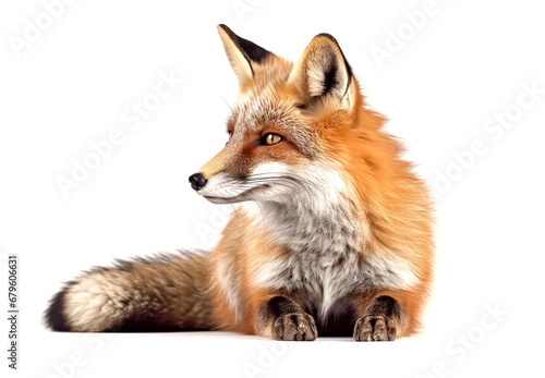 Red fox, Vulpes vulpes, lying isolated on white background