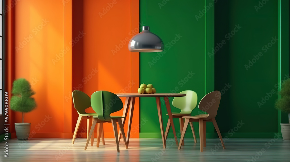 Fototapeta premium Interior design with wooden round table and chairs. Generative Ai