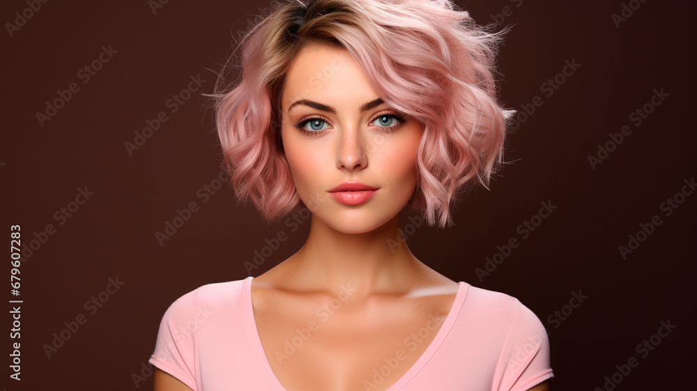 beautiful woman with pink hair in stylish clothes