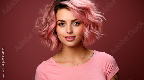 beautiful woman with pink hair in stylish clothes