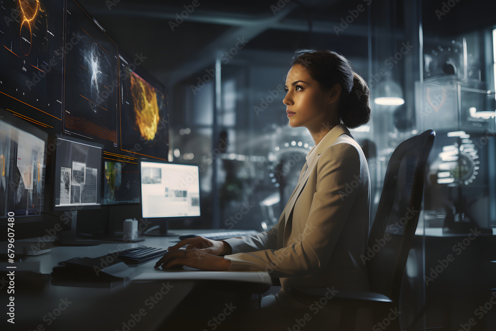 Female trader working in the office with computers Female trader working in the office with computers