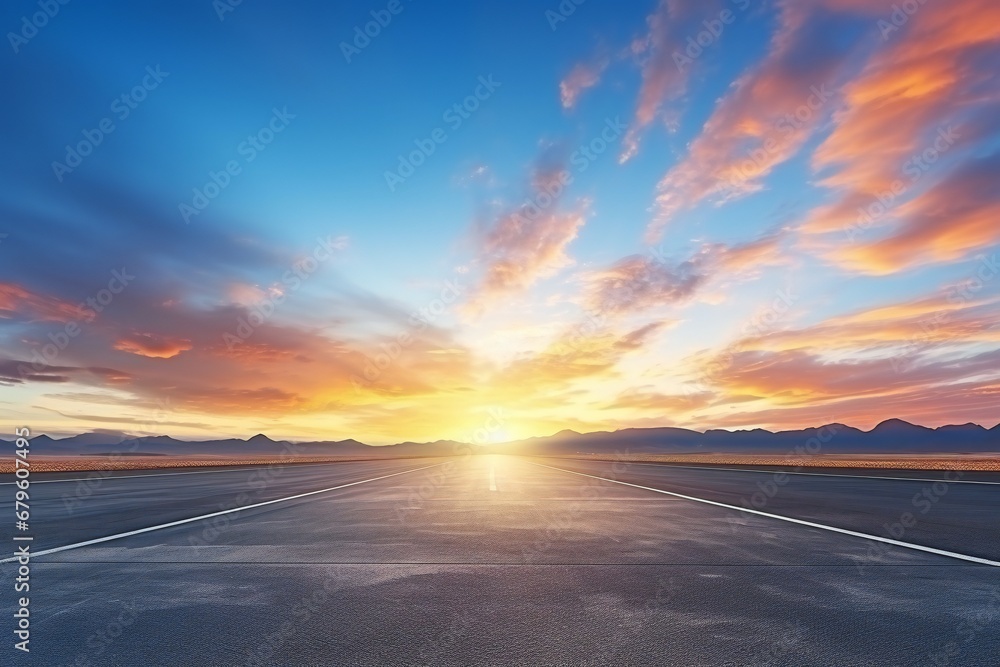 Empty asphalt road and beautiful sky at sunset, panoramic view - obrazy, fototapety, plakaty 