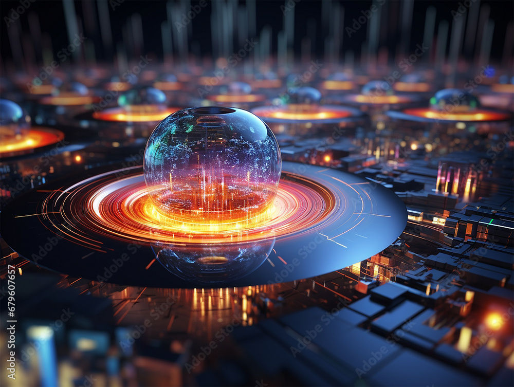 Quantum information processing concept. Artificial intelligence and quantum computing for powerful data elaboration. Glowing cpu and superconducting qubits. Photons and cyber nanotechnology. Datum and Quantum information processing concept. Artificial intelligence and quantum computing for powerful data elaboration. Glowing cpu and superconducting qubits. Photons and cyber nanotechnology. Datum and