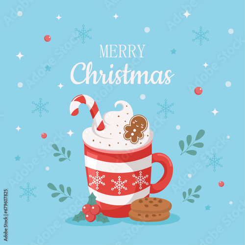 Christmas card with hot cocoa with cream and gingerbread man