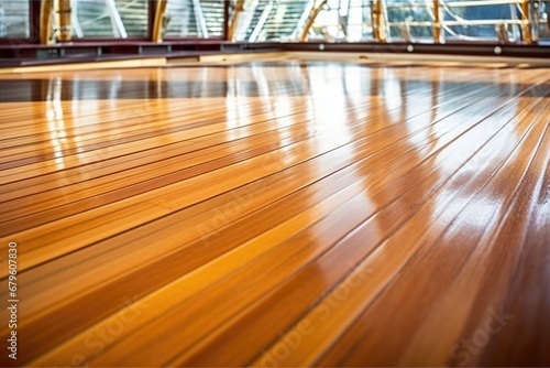close-up of freshly varnished yacht decking in assembly room
