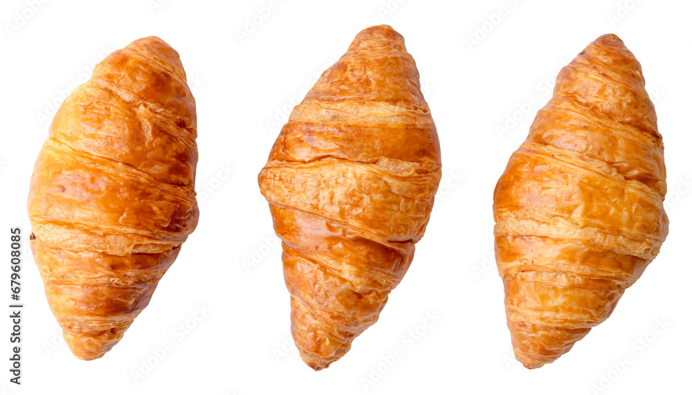 Top view of three separated fresh croissants in set isolated on white background with clipping path Top view of three separated fresh croissants in set isolated on white background with clipping path
