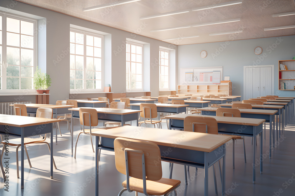 Empty classroom with tables and chairs with big window