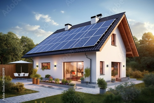 New suburban house with a photovoltaic system on the roof. Modern eco friendly passive house with landscaped yard. Solar panels on the gable roof 