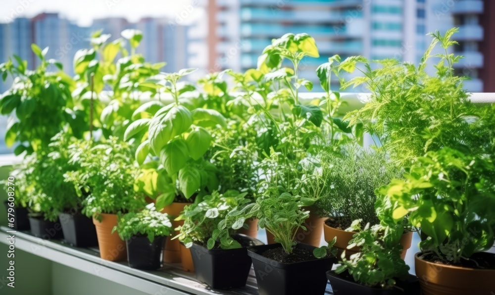 Balcony herb garden concept. Beautiful lush herb garden on city apartment balcony, with pots of basil, mint, rosemary growing in the urban environment Balcony herb garden concept. Beautiful lush herb garden on city apartment balcony, with pots of basil, mint, rosemary growing in the urban environment