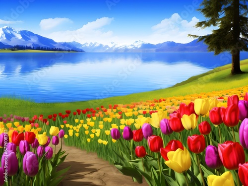 Blick von einer bunten Tulpenwiese über einen See auf Eisberge und ein Gebirge / Absurde Realität Poster / Verrückte Welt Wallpaper / Ai-Ki generiert