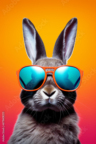 Cute cartoon hare in glasses on a color background.Generative AI © Артур Комис