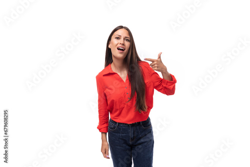 young energetic active brunette assistant woman dressed in a red blouse on a white background with copy space