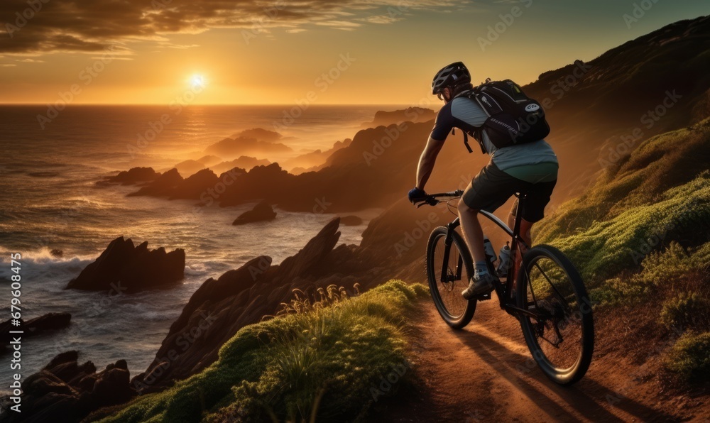 A cyclist pedals along a scenic coastal path with waves crashing in the background. A cyclist pedals along a scenic coastal path with waves crashing in the background.