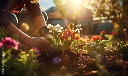 A person kneels in a backyard garden, hands covered in soil, carefully planting vibrant flowers