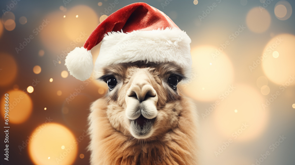 Funny alpaca in a Santa hat. Funny alpaca in a Santa hat.